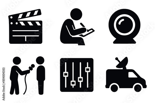 Media and production icons: clapperboard, interview, mixer, webcam, satellite van