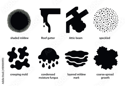 Mildew and mold icons depicting various types and patterns in black silhouettes