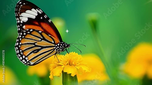 Close up of a monarch butterfly perched atop a vibrant yellow flower in nature scene