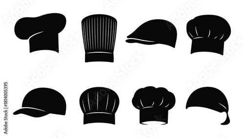Silhouette variety of chef and cap headwear on gradient background
