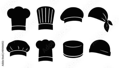 Various chef hat silhouettes collection on black background