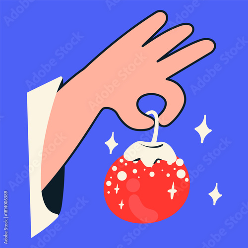 Hand holding a Christmas toy, ball. Flat vector illustration.