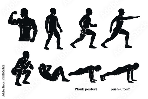 Silhouettes of male fitness poses in various exercise positions