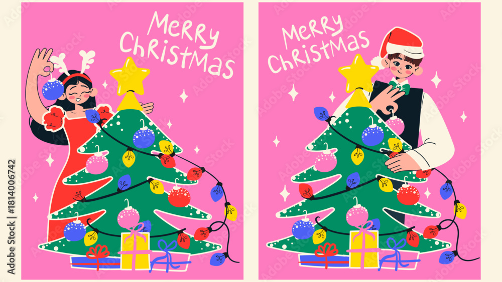 Fototapeta premium Woman and man decorates Christmas tree with toys and garland greeting card set. Hand drawn Christmas tree with gifts, lights and toys. Preparation for New Year.