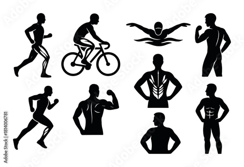 Silhouette of athletic male figures: running, cycling, swimming, and muscular poses