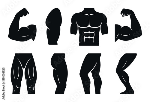 Silhouette collection of male muscular body parts displaying strength and power