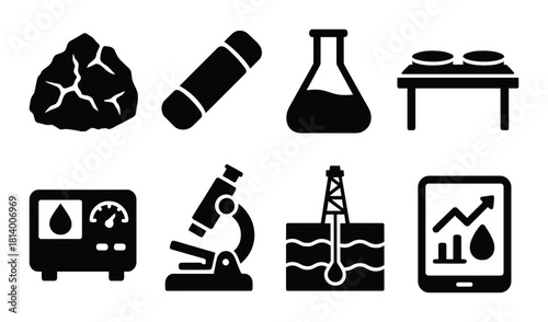 Oil exploration icons: drilling, laboratory, equipment