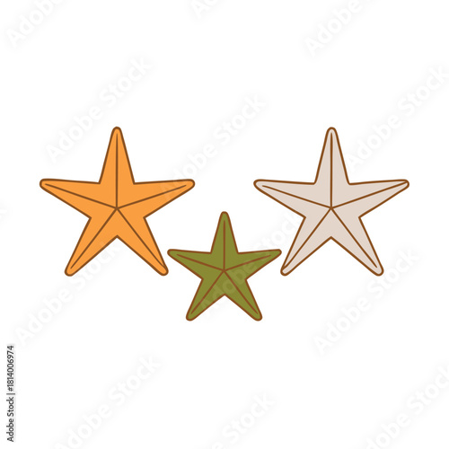 Three Cartoon Starfish in Orange Green and Beige sea star