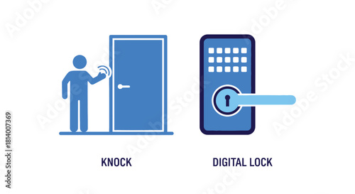 Vector illustration of illustration of a person knocking on the door and a digital lock isolated on