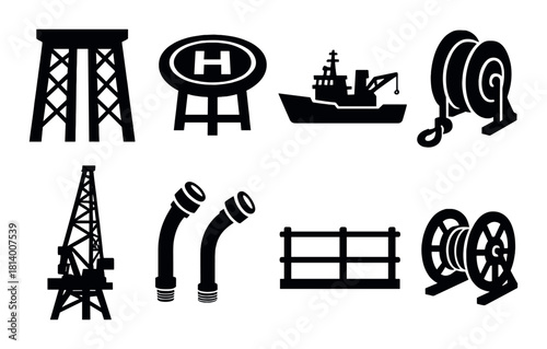Silhouetted offshore equipment: oil rigs, helicopter landing pads, ships, winches, and pipes