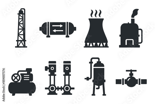 Industrial equipment silhouettes on grungy background with oil rig and machinery icons