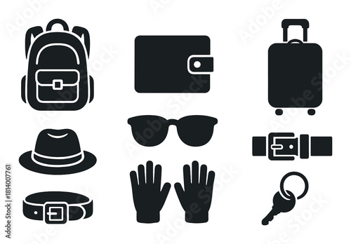 Silhouette icons of travel items: backpack, wallet, suitcase, hat, sunglasses, gloves, belt, key