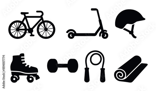 Silhouette collection: bicycle, scooter, helmet, rollerblade, dumbbell, jump rope, yoga mat