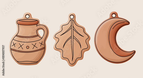 Illustration of a jug leaf and crescent moon All are in earthy tones with dark outlines and have hanging loops