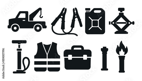 Emergency roadside assistance icons set: tools and safety equipment
