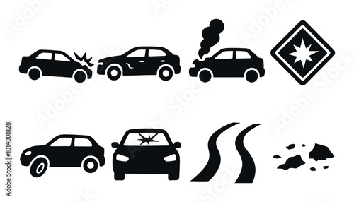 Car accident and hazard symbols: collision, smoke, skid marks, and road hazards