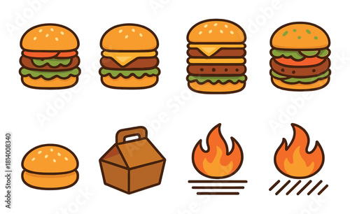 Colorful burger icons with flames and takeout box on brown background