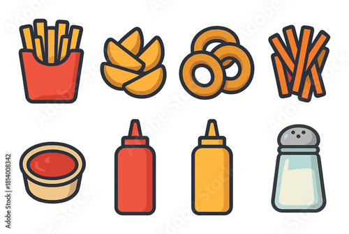 Colorful icons of french fries, wedges, onion rings, condiments, and salt shaker