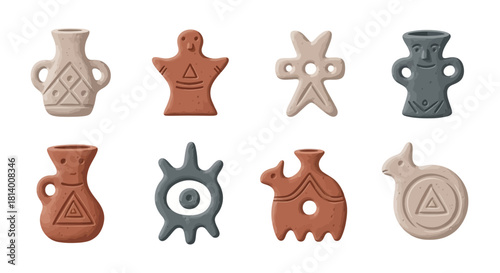 Eight ancient pottery pieces display diverse shapes colors and engraved designs