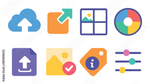Colorful interface icons with upload arrow and adjustment sliders