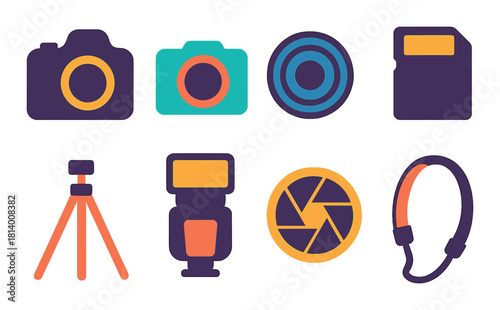 Colorful camera equipment icons on dark background featuring camera, tripod, flash, headphones