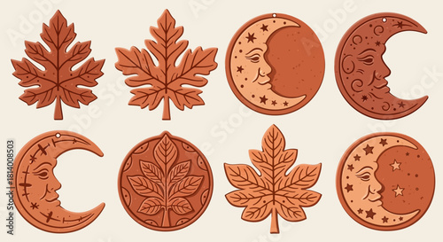 Eight terracotta ornaments of autumn leaves and crescent moons with human faces on a creamcolored background