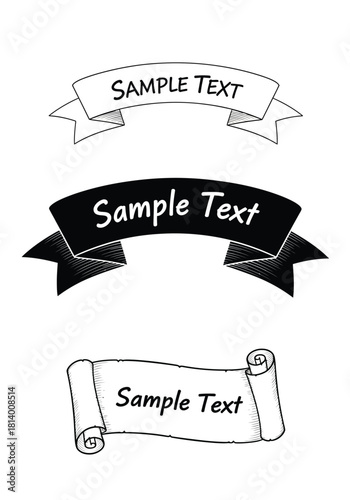 Vector illustration of hand drawn ribbon banners with sample text isolated on