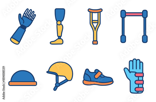 Orthopedic equipment icons: leg brace, crutch, helmet, shoe, arm splint