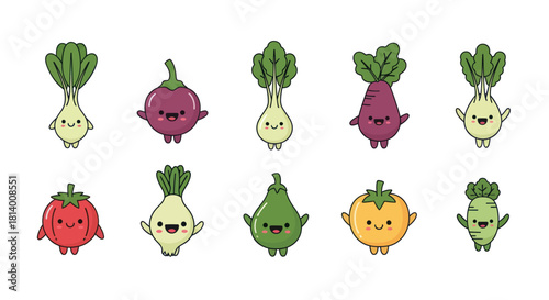 Cartoon vegetables with happy expressions isolated on white background