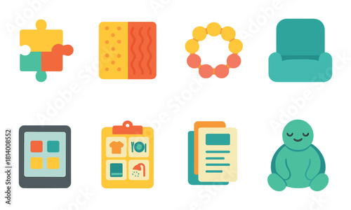 Colorful icons: puzzle, fabric, accessories, chair, tablet, checklist, files, yoga