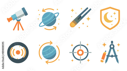 Glowing astronomy icons: telescope, planet, meteor, shield, galaxy, target, compass