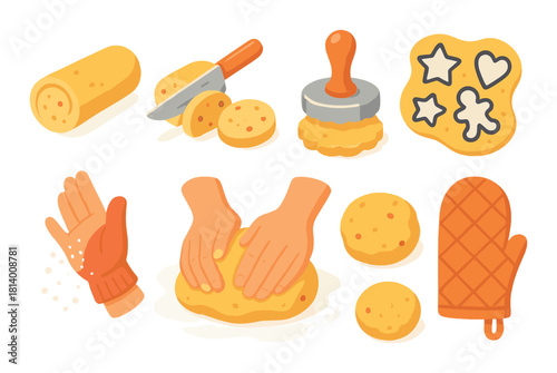 Baking cookies: dough preparation and shaping with cutters and gloves
