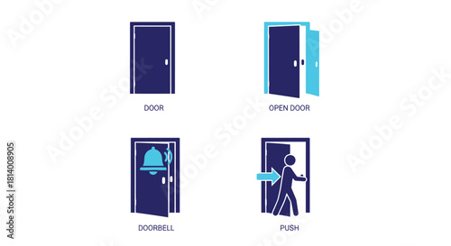 Vector illustration of door icon set showing different actions isolated on