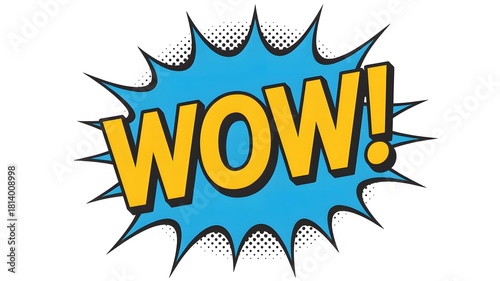 Bright blue comic book style explosion with the word wow in yellow