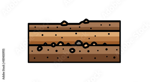 A simple cartoon illustration of a soil cross-section showing different geological layers and embedded rocks.