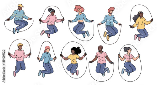 Group of people jumping rope in a cartoon style illustration.