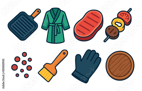Bbq essentials: grill pan, skewers, marinade brush, cutting board, gloves, bubbles