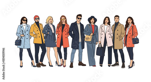 A diverse group of stylishly dressed men and women standing together, showcasing fashionable outerwear and accessories.