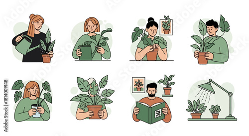 Collection of illustrations depicting people interacting with potted plants, showcasing various activities.