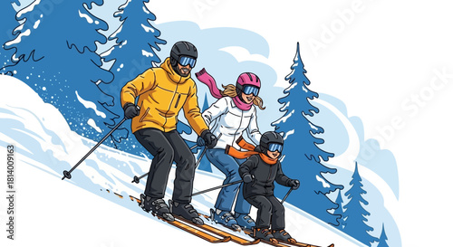 A family of three, two adults and one child, skiing down a snowy mountain slope with pine trees in the background, enjoying a winter sport.