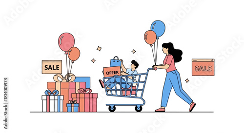 A woman pushes a shopping cart filled with gifts and bags, accompanied by balloons and sale signs, symbolizing a shopping spree.