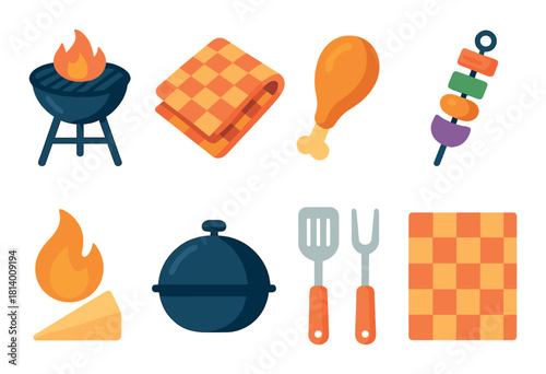 Colorful bbq elements: grilling, checkered patterns, chicken, skewer, utensils
