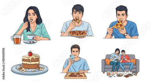 A collage of six illustrations depicting people enjoying various foods and drinks, including pizza, cake, and tea, in different settings.