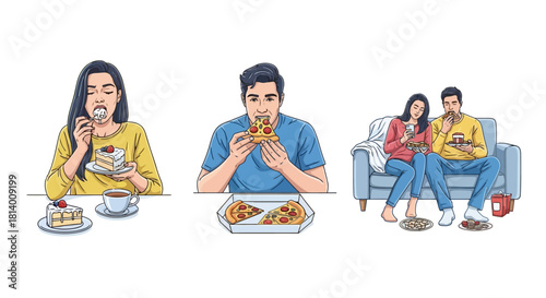 People enjoying various foods, including cake and pizza, in different settings, depicting lifestyle choices.