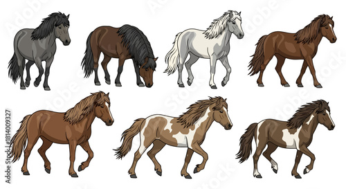 Eight cartoon horses in various colors and poses, including grey, brown, white, and pinto patterns.