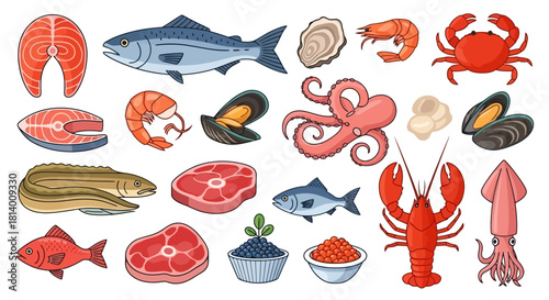 A vibrant collection of various seafood and fish, including salmon steaks, whole fish, shrimp, oysters, mussels, octopus, lobster, squid, and caviar.