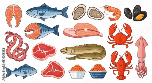 A vibrant collection of illustrated raw seafood and meat, including fish, shellfish, and steaks, isolated on a white background.