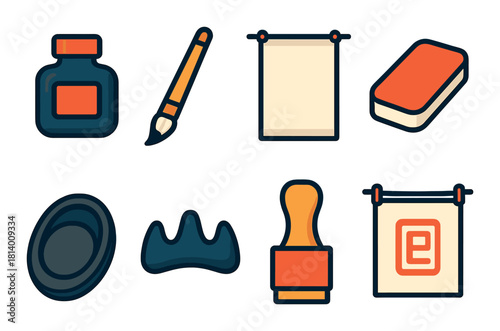 Art supplies icons: paintbrush, ink bottle, canvas, eraser, stamp, palette