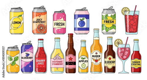 A vibrant collection of cartoon-style soft drinks, juices, and cocktails in cans, bottles, and glasses.
