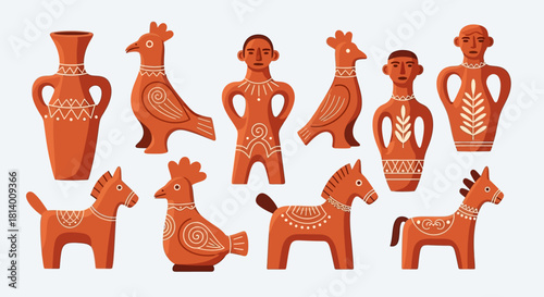 Rustic clay figurines of people birds horses and vases in a simple folk style